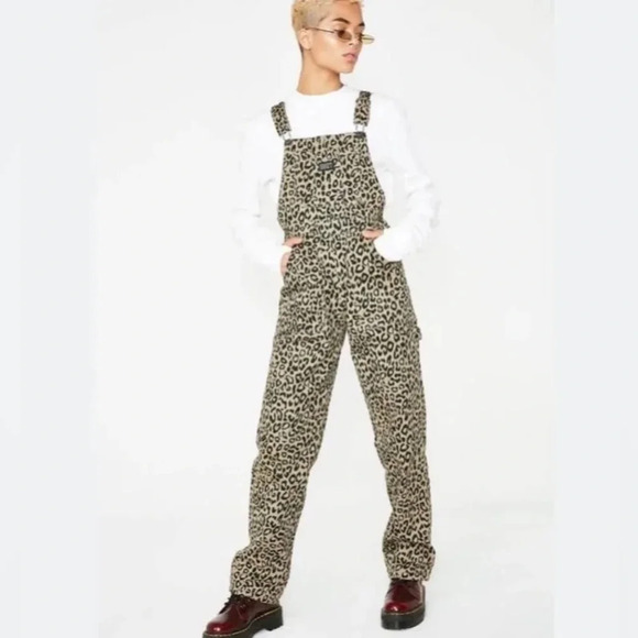 Obey Casbah Leopard Print Dungarees Overalls - Khaki Leopard - Picture 1 of 7